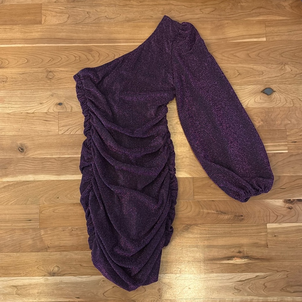 One shoulder short sparkly dark purple dress